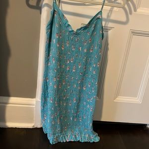 Blue and floral ruched dress